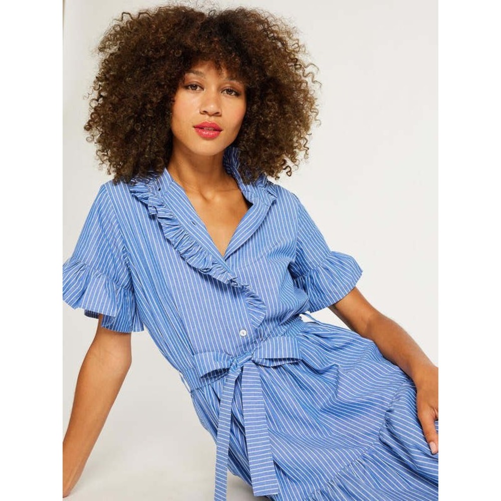MILLE Sola Tiered Maxi Dress in Blue Pinstripe Cotton - Size XL - Picture 9 of 10